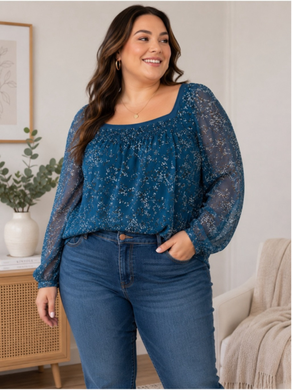Esprit Teal Floral Square-Neck Long Sleeve Blouse Size 14 Boho Cottagecore